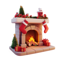Christmas fireplace with red stockings gifts and decorations 3D icon cartoon smooth soft light isolate on transparent background png