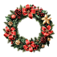Christmas wreath, in a simple and clean graphic style. red and green christmas colors and gold elements isolate on transparent background png