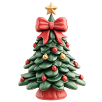 Christmas tree with Big red bow and decoration in color green red and gold 3D icon clay style vibrate color isolate on transparent background png