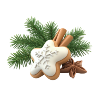 Christmas pine with frosted sugar cookies and cinnamon and fir branch 3D icon isolate on transparent background png