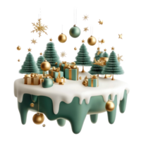 3D Christmas elements and decoration are combined into scenes floating island in green and gold color isolate on transparent background png