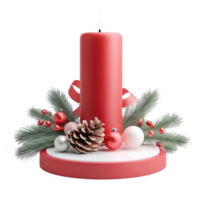 Christmas red candle with ribbon and baubles with pinecones and green fir branch 3D icon isolate on transparent background png