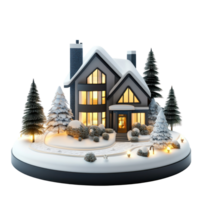Modern house model decoration with lights and snow 3D icon cartoon smooth soft light isolate on transparent background png