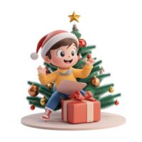 A child excitedly opening a Christmas present under a fir tree decorated with ornaments 3D icon cartoon smooth soft light isolate on transparent background png