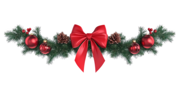 Navidad guirnalda con adornos y grande rojo arco y cinta colgando 3d icono dibujos animados aislar en transparente antecedentes png