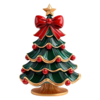Christmas tree with Big red bow and decoration in color green red and gold 3D icon clay style vibrate color isolate on transparent background png