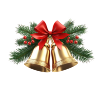 Gold Christmas bells with red ribbon and green fir 3D icon cartoon isolate on transparent background png