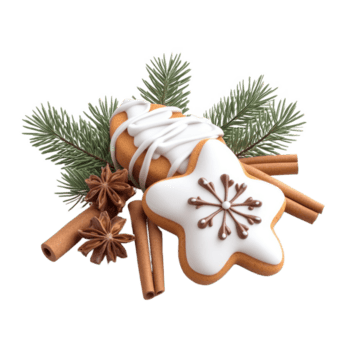 Weihnachten Kiefer mit gefrostet Zucker Kekse und Zimt und Tanne Ast 3d Symbol isolieren auf transparent Hintergrund png