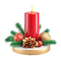 Christmas red candle with green fir branches and gold pinecones and baubles 3D icon cartoon smooth soft light isolate on transparent background png