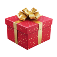 Red gift box with gold ribbon and bow 3D icon isolate on transparent background png