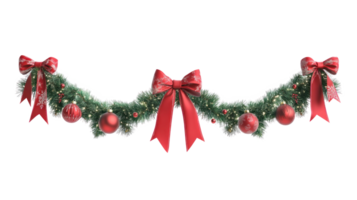 Christmas garland with ornaments and big red bow and ribbon hanging 3D icon cartoon isolate on transparent background png
