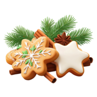 Christmas pine with frosted sugar cookies and cinnamon and fir branch 3D icon cartoon smooth soft light isolate on transparent background png