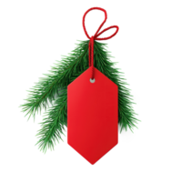 Christmas red sale tag with green fir branch 3D icon cartoon smooth soft light isolate on transparent background png
