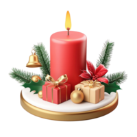Christmas red candle with green fir branches and holly with gold gifts and jingle bell 3D icon cartoon smooth soft light isolate on transparent background png