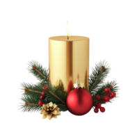 Gold Christmas candle with green fir branch and red shiny bauble 3D icon cartoon smooth soft light isolate on transparent background png