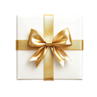 White gift box with gold ribbon and bow 3D icon isolate on transparent background png