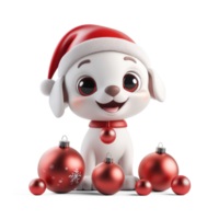 cute puppy wearing red santa hat playing with christmas ornaments 3D icon cartoon smooth soft light isolate on transparent background png