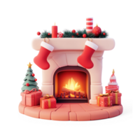Christmas fireplace with red stockings gifts and decorations 3D icon cartoon smooth soft light isolate on transparent background png