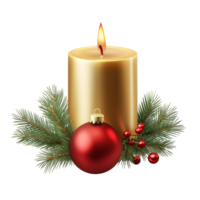 Gold Christmas candle with green fir branch and red shiny bauble 3D icon isolate on transparent background png