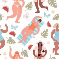 Summer beach party. Different people in swimsuits have fun. Seamless pattern for any design. vector