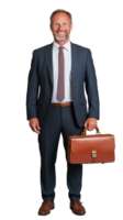 Mature man holding leather briefcase on transparent background png