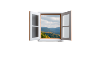 Open window view to scenic mountains on transparent background png