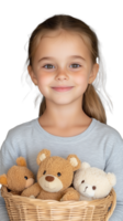 Smiling girl holding basket of teddy bears on transparent background png