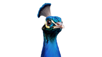 Peacock head close-up with crest feathers on transparent background png