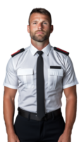 Male security guard in uniform with serious expression on transparent background png