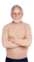 Senior man in peach sweater smiling with arms crossed on transparent background png