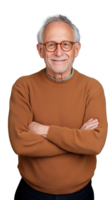 Elderly man in brown sweater smiling with arms crossed on transparent background png