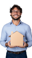 Smiling man holding small house model on transparent background png