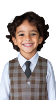 Young boy in plaid vest and tie smiling on transparent background png