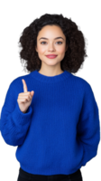 Woman in blue sweater pointing upwards on transparent background png