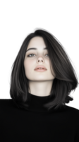 Woman in black turtleneck with relaxed expression on transparent background png