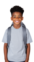 Happy young boy with backpack in gray t-shirt on transparent background png
