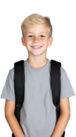 Smiling young boy with backpack, gray t-shirt, on transparent background png