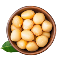 Lupin beans in brown bowl with leaf isolated on transparent background png