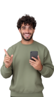Smiling man pointing with phone in hand isolated on transparent background png