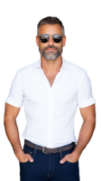 Mature man with sunglasses and white shirt isolated on transparent background png