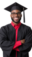 Smiling graduate in cap and gown isolated on transparent background png