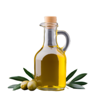 Bottle of olive oil with olives and leaves isolated on transparent background png