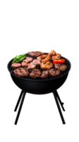 Red barbecue grill with meat skewers isolated on transparent background png