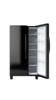Empty black refrigerator with open door isolated on transparent background png