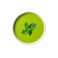 Green soup with basil leaves in bowl isolated on transparent background png