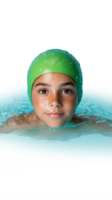 Young swimmer wearing green cap in pool isolated on transparent background png