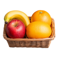 Wicker basket filled with fresh fruit including apples, bananas, oranges showcasing colorful produce on transparent background png
