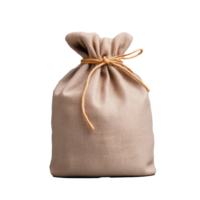 Burlap sack tied with a rope, isolated on transparent background, ideal for packaging and storage themes png
