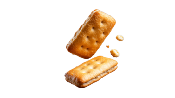 Pair of golden square crackers with crumbs, emphasizing texture and snack quality on transparent background png