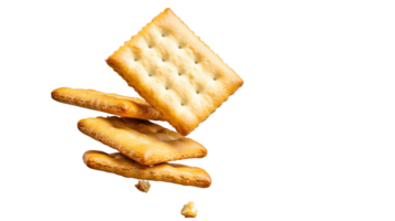 Stack of square crackers with one partially broken, representing a simple and crunchy snack on transparent background png